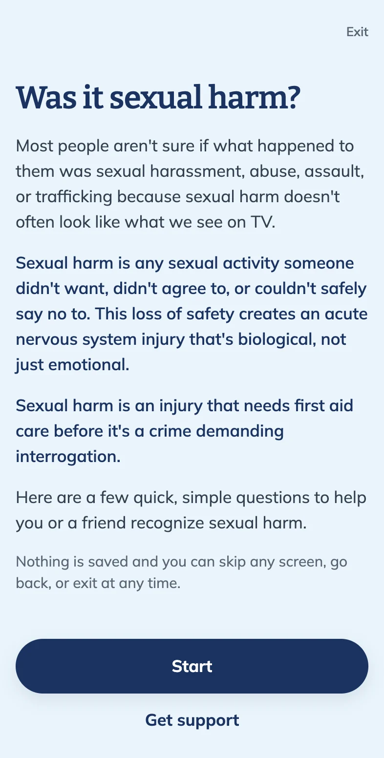 The start of the “Was it sexual harm?” questions, with a plain definition of sexual harm and a Start button.